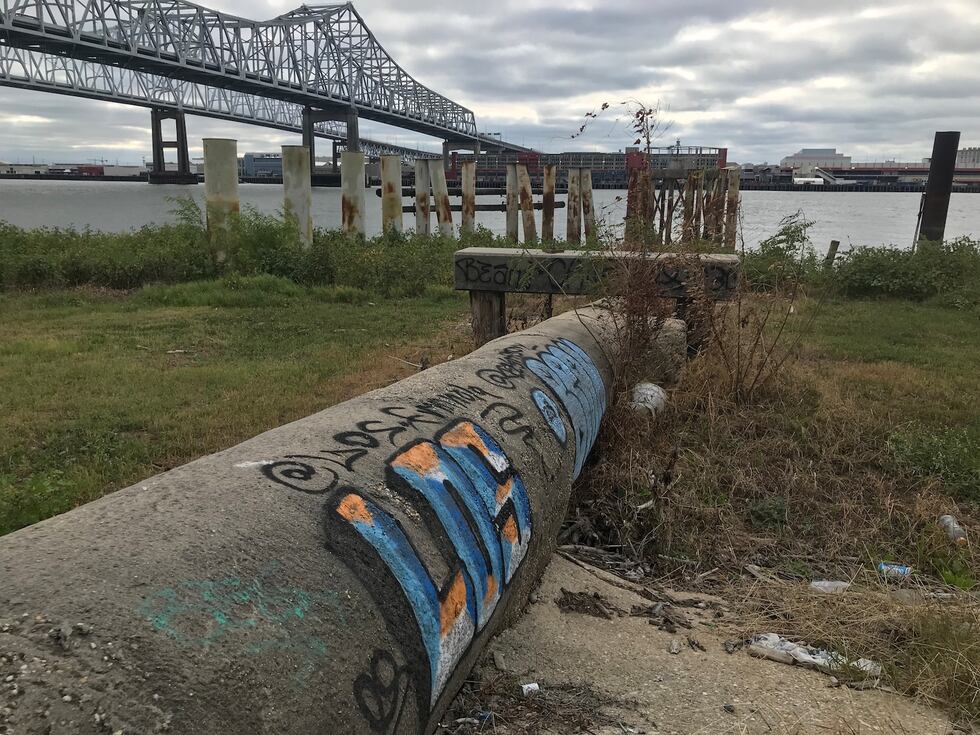 Graffiti covers a pipe that once pulled water from the Mississippi River at Algiers Intake...