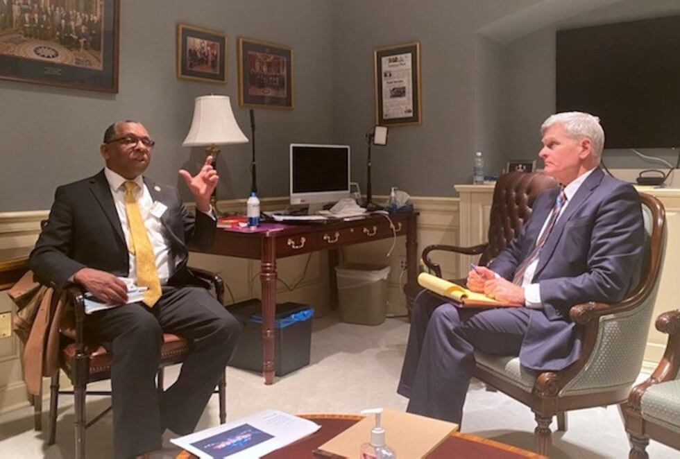 Sen. Bill Cassidy, R-Louisiana, meets with Xavier University President Reynold Verret about...