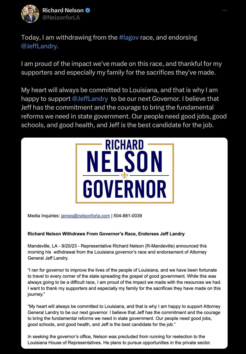 Rep. Richard Nelson announced he had dropped out of the governor's race.