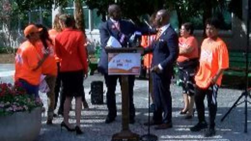Organizers wearing orange stand outside of City Hall after a gun violence awareness press...