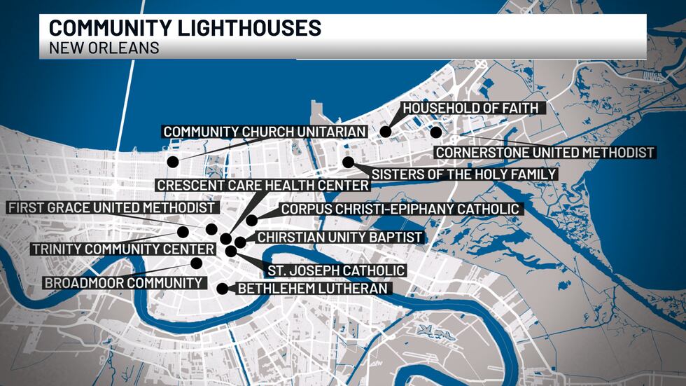 Twelve community lighthouses across New Orleans provide backup solar power when the power grid...