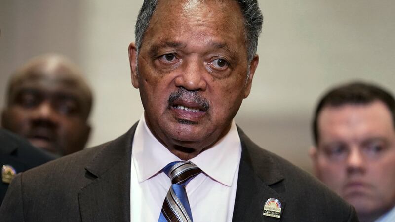 FILE - The Rev. Jesse Jackson speaks during a news conference after the verdict was read in...