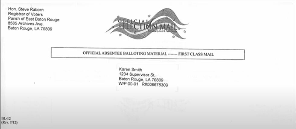A sample absentee voting envelope from Secretary of State Kyle Ardoin's office.