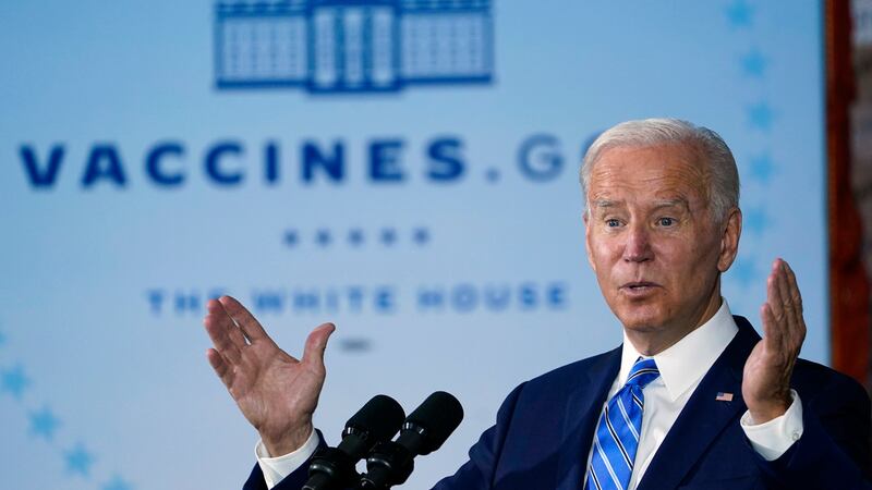 FILE - President Joe Biden speaks about COVID-19 vaccinations after touring a Clayco...