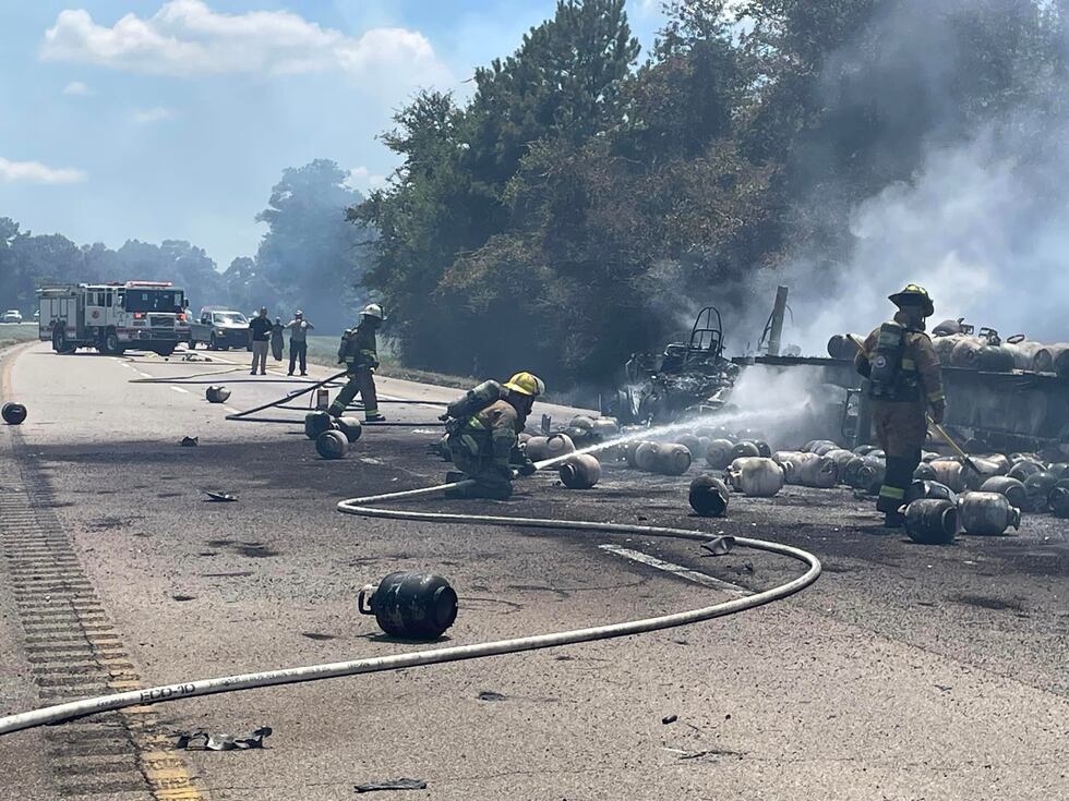 According to Mississippi Highway Patrol (MHP), the 18-wheeler is on fire, and the propane...