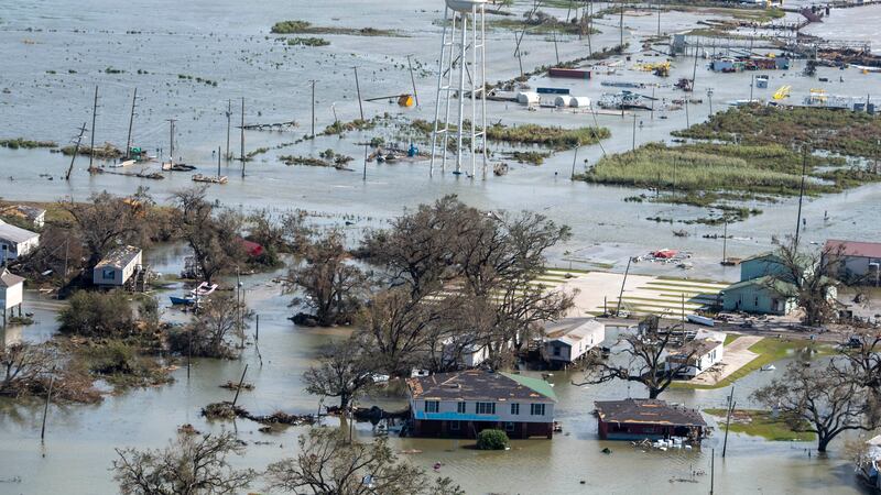 Water covers land after the passage of Hurricane Laura, Thursday Aug. 27, 2020, in Cameron,...