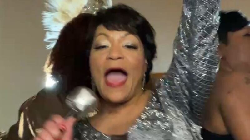 New Orleans Mayor Latoya Cantrell sings karaoke at the Mayor’s Mardi Gras Ball at Gallier Hall...