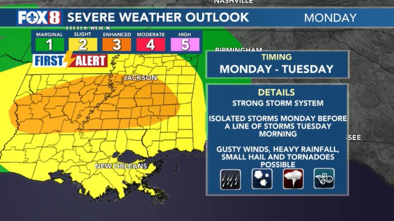 Severe storms possible late Monday into Tuesday morning.