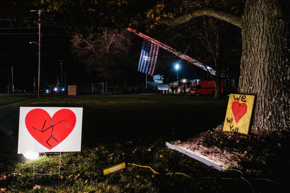 Signs in support of the Tusky Valley Schools community can be seen in front of the elementary...