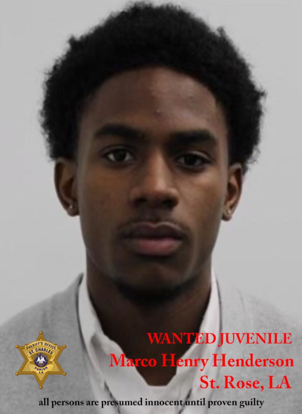 St. Charles Parish authorities seek public help to locate Marco Henry Henderson, 16, wanted...